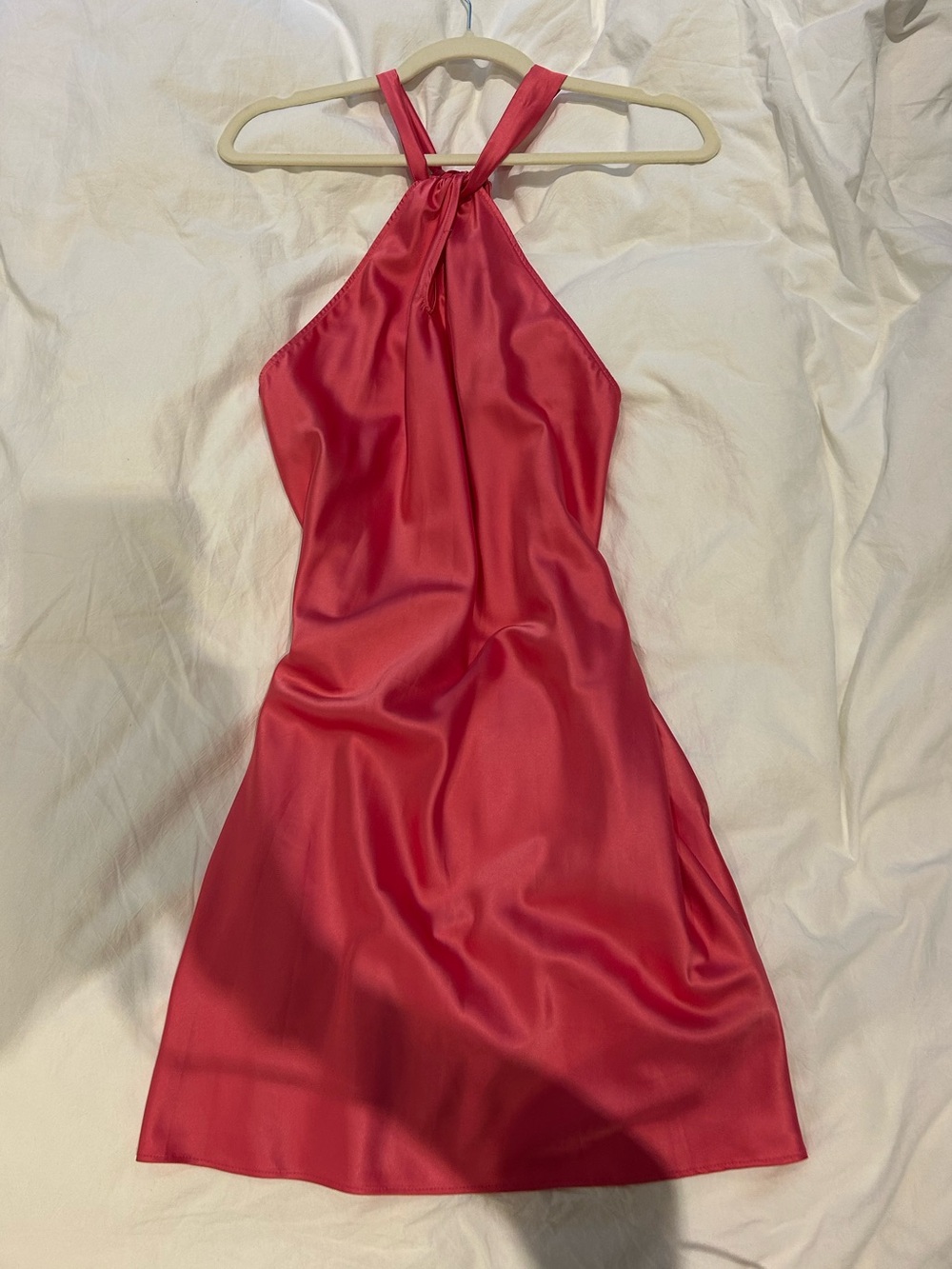 Aqua Satin Halter Mini Dress in Hot Pink